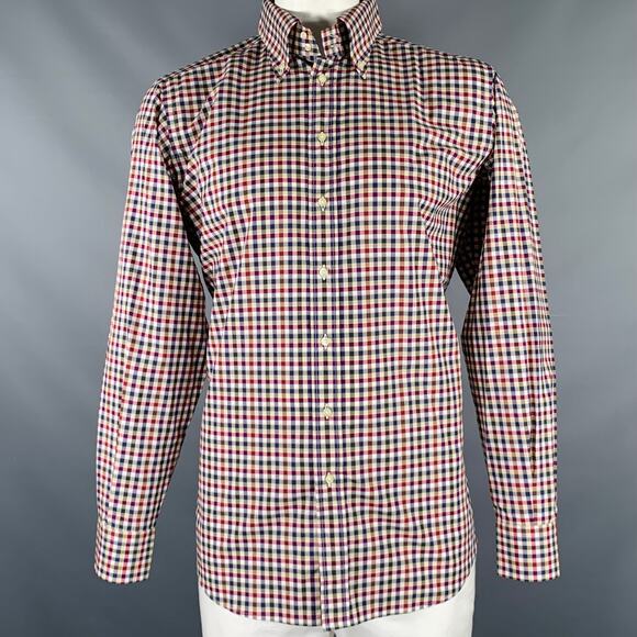 ETRO Size L Navy Burgundy Checkered Cotton Button Up Long Sleeve Shirt - Picture 1 of 7